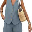 PRETTYGARDEN Women's Summer 2 Piece Outfits Sleeveless Matching Sets Button Down V Neck Vest Waistcoat and Pockets Shorts XS