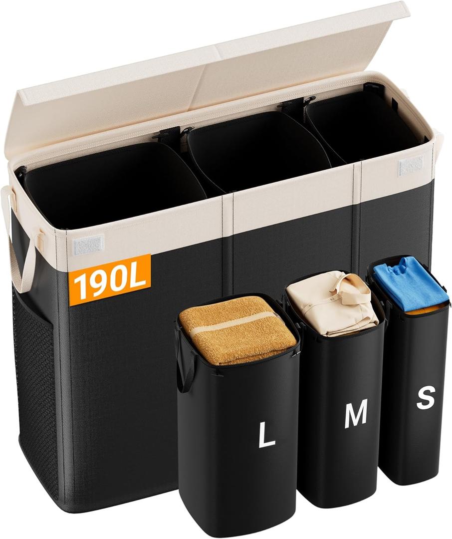 190L Laundry Hamper with Lid, Large Laundry Basket with Lid and 3 Section, Sturdy Laundry Baskets with 3 Removable Bags (L M S), Dirty Clothes Hamper Organizer for Laundry Room, Bedroom and Dorm Room