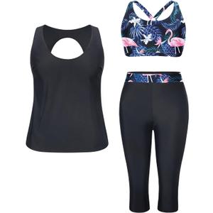 Yonique 3 Piece Plus Size Swimsuits for Women Tankini Tops with Sports Bra and Swim Capris Athletic Bathing Suits, 30 Plus, Black & Flamingo