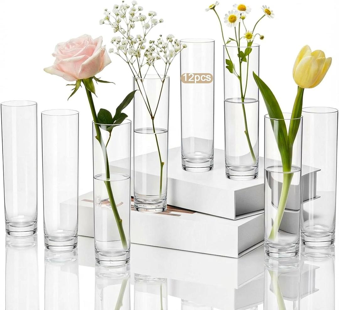 Didaey 12 Pcs Acrylic Cylinder Bud Vases for Centerpieces, Acrylic Plastic Tall Flower Vase Clear Small Vases Bulk for Single Rose Table Centerpiece Wedding Home Indoor Desk Office Party Decorations