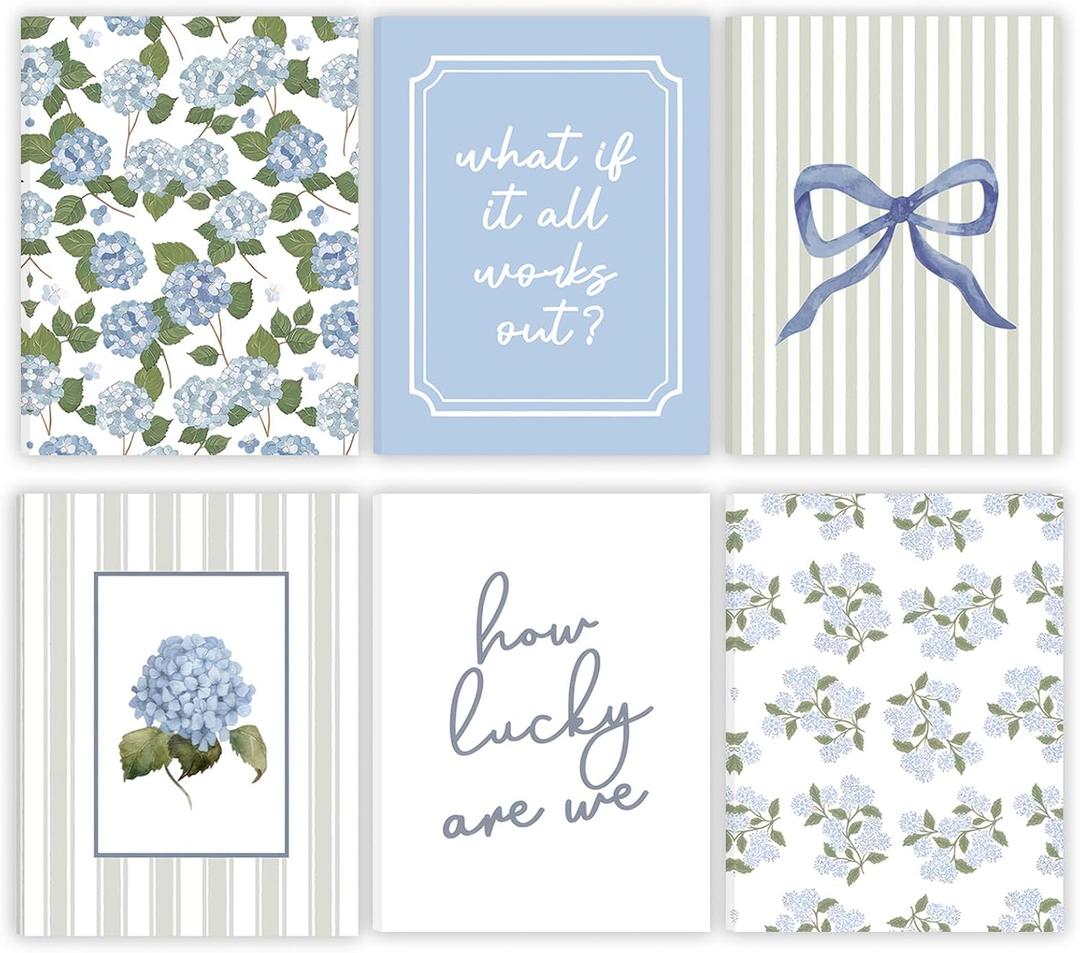 6 Pcs Blue Hydrangea Bow Canvas Wall Art How Lucky Are We Poster Prints Trendy Striped Coquette Paintings Pictures Sage Green Coastal Preppy Aesthetic Wall Decor for Girl Room Bedroom Living Room Office Dorm Apartment 12x16 Inch(Stretched Canvas On A Wooden Frame)