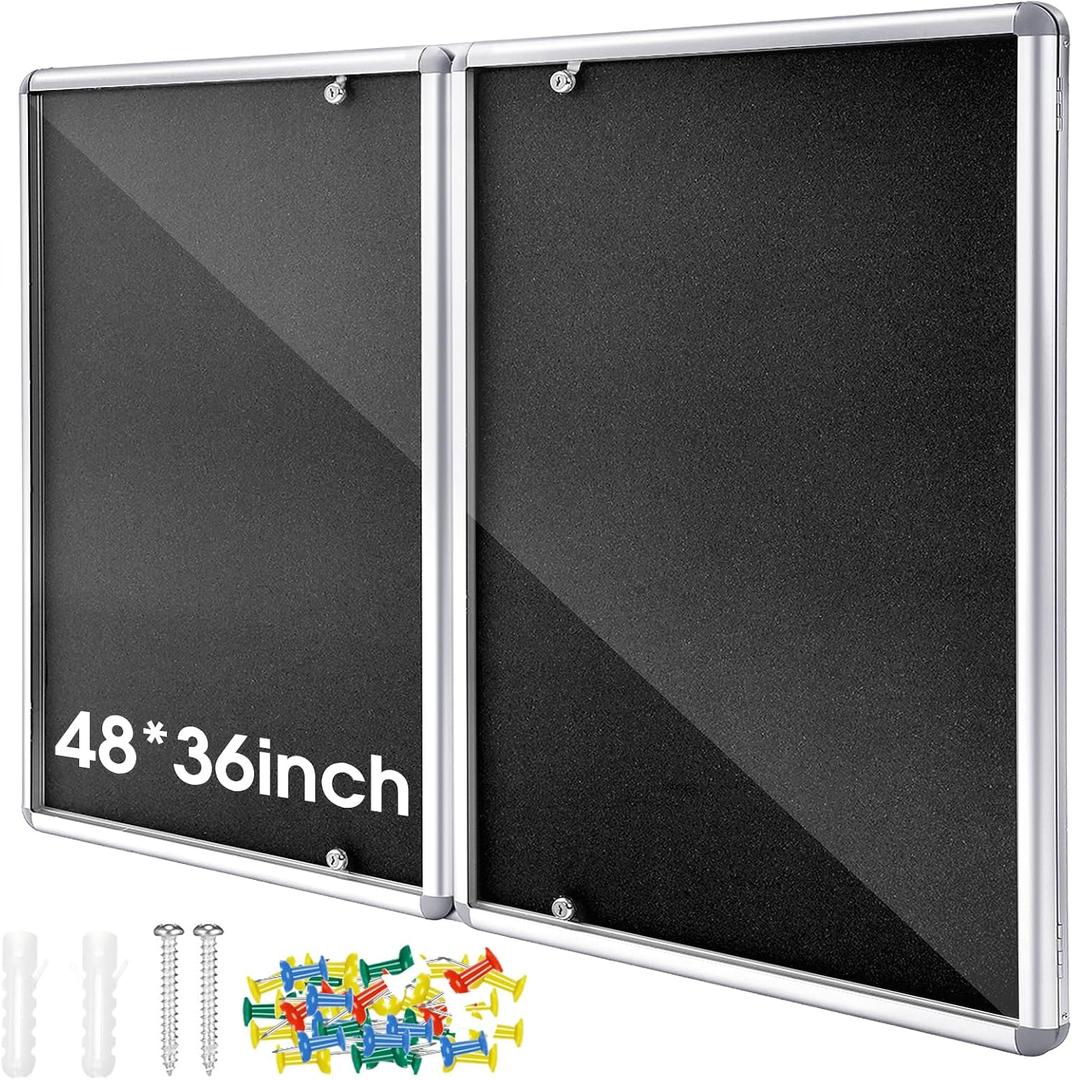 Motipuns 48"x36" Lockable Enclosed Bulletin Board with Glass Door, Weather Resistant Cork Notice Board, Wall Mounted Display Case for School Office Community Outdoor, 12xA4(Black, Silver Frame), 47.2" x 35.4"