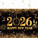 Sumind Happy New Year Party Decorations Supplies Extra Large Black and Gold Glitter 2026 Happy New Year Backdrop Banner for 2026 Party Decor Banner Fireworks Photo Booth Background, 73 x 43 Inch