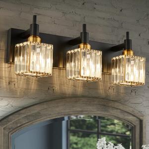 Modern Crystal Bathroom Vanity Light 3-Light Brass Wall Light Fixtures Over Mirror Black and Gold Vanity Lighting for Bathroom Square Shade Brass Wall Sconce
