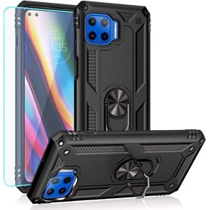 Motorola One 5G Cellular Phone Case, Hybrid Hard PC Soft TPU Shockproof Protective Case, Ring Car Mount Kickstand, Black