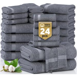 LANE LINEN 100% Cotton Towel Set for Bathroom - 24 Pcs, Ring Spun - Plush, Soft & Absorbent - 2 Bath Sheets, 4 Fingertip, 4 Bath, 6 Hand Towels, 8 Washcloths - Suitable for All Skin Types - Cool Grey