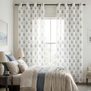 Blue and White Floral Curtains,Boho Pattern Navy Block Print Mughal Design Sheer Linen Farmhouse Nautical Curtains for Living Room Bedroom 84 Inch Length (52"W x 84"L (Pack of 2))