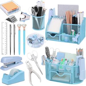 17 in 1 Blue Desk Organizers and Accessories Set, 3 Office Desk Supplies Storage Organization, 4 Pens, Stapler, Staples & Remover, Tape & Dispenser, Scissors, Ruler, Clips, Hole Punch, Back to School