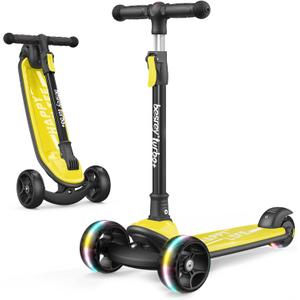 Besrey Kick Scooter for Kids Ages 3-10, 3-Wheel Folding Scooter with Adjustable Height, LED Light Wheels, Extra Wide Deck for Outdoor Activities