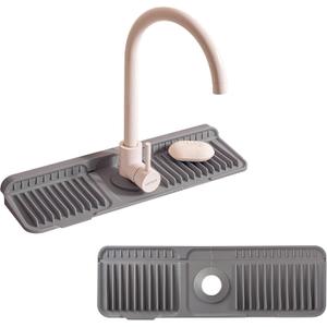 17.7" Silicone Sink Splash Guard - Multi-Functional Kitchen Sink Mat with Drip Tray, Sponge Holder & Soap Dish, 6 Slope Design for Easy Drainage, Foldable & Fasten Button for Secure Fit,Grey (17" x 5.5")