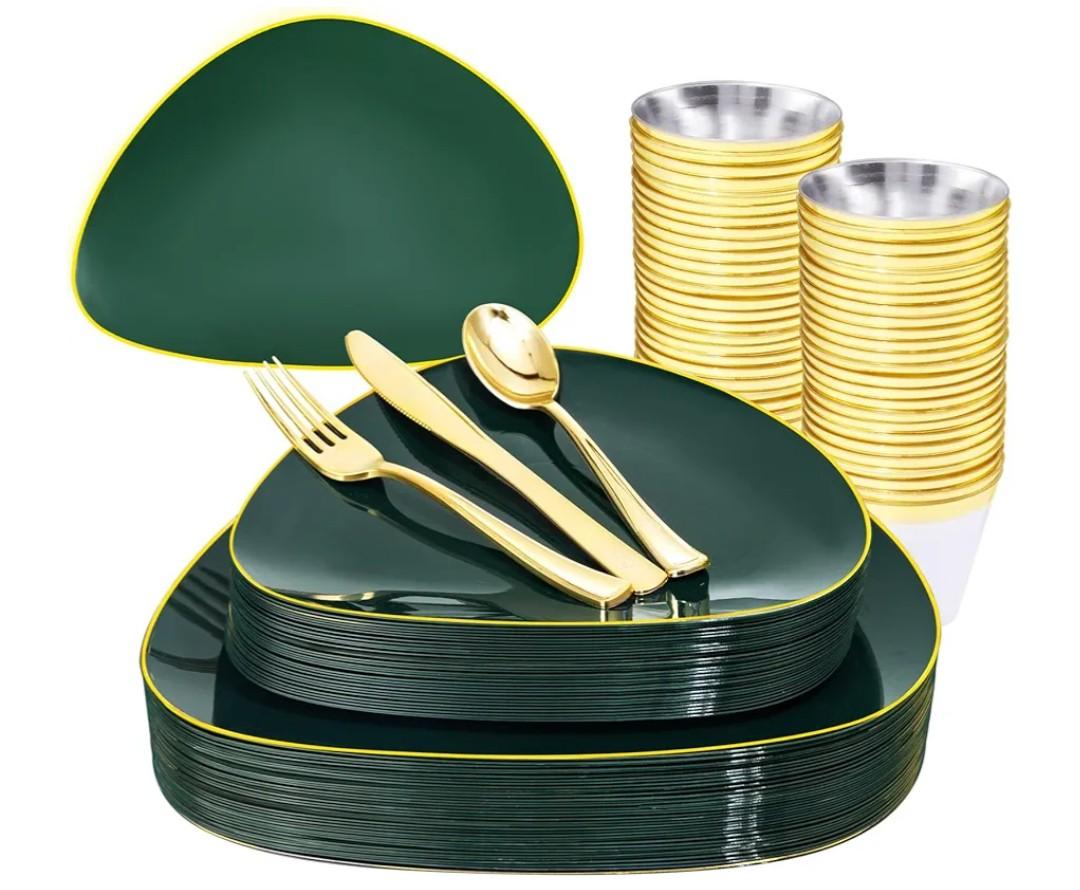 DaYammi 180Pcs Green Plastic Plates, Green Gold Disposable Plates with Gold Silverware Dinnerware Set Include: 30 Dinner Plate,30 Dessert Plate,90 Plastic Cutlery,30 Cups for St. Patrick's Day Party