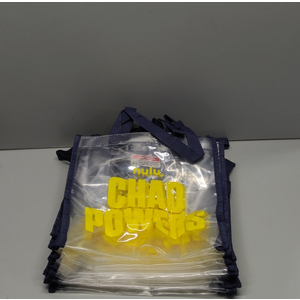 Small Clear Tote Bag "CHAD POWERS" logo, Navy Blue Straps, Yellow Logo, 10 Pack