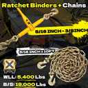 KJE (2) Ratchet Chain Binders 5/16" -3/8" Grade 70 + (2)5/16"10' Chains, Heavy Duty Chain and Ratcheting Binder Set WLL 5,400 Lbs, Suitable for Tie Down, Hauling, Towing