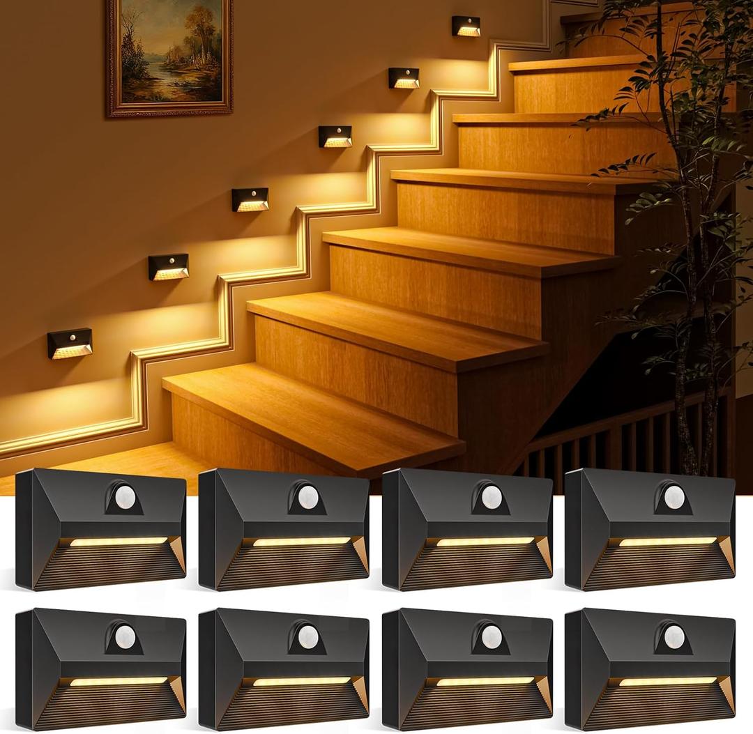 VOLISUN Motion Sensor Stair Light Rechargeable 8 Pack, Night Lights 3 Modes & 3 Color Temperatures, Magnetic Rechargeable Stick-On Lights for Stairs, Hallway, Cabinet(Black)