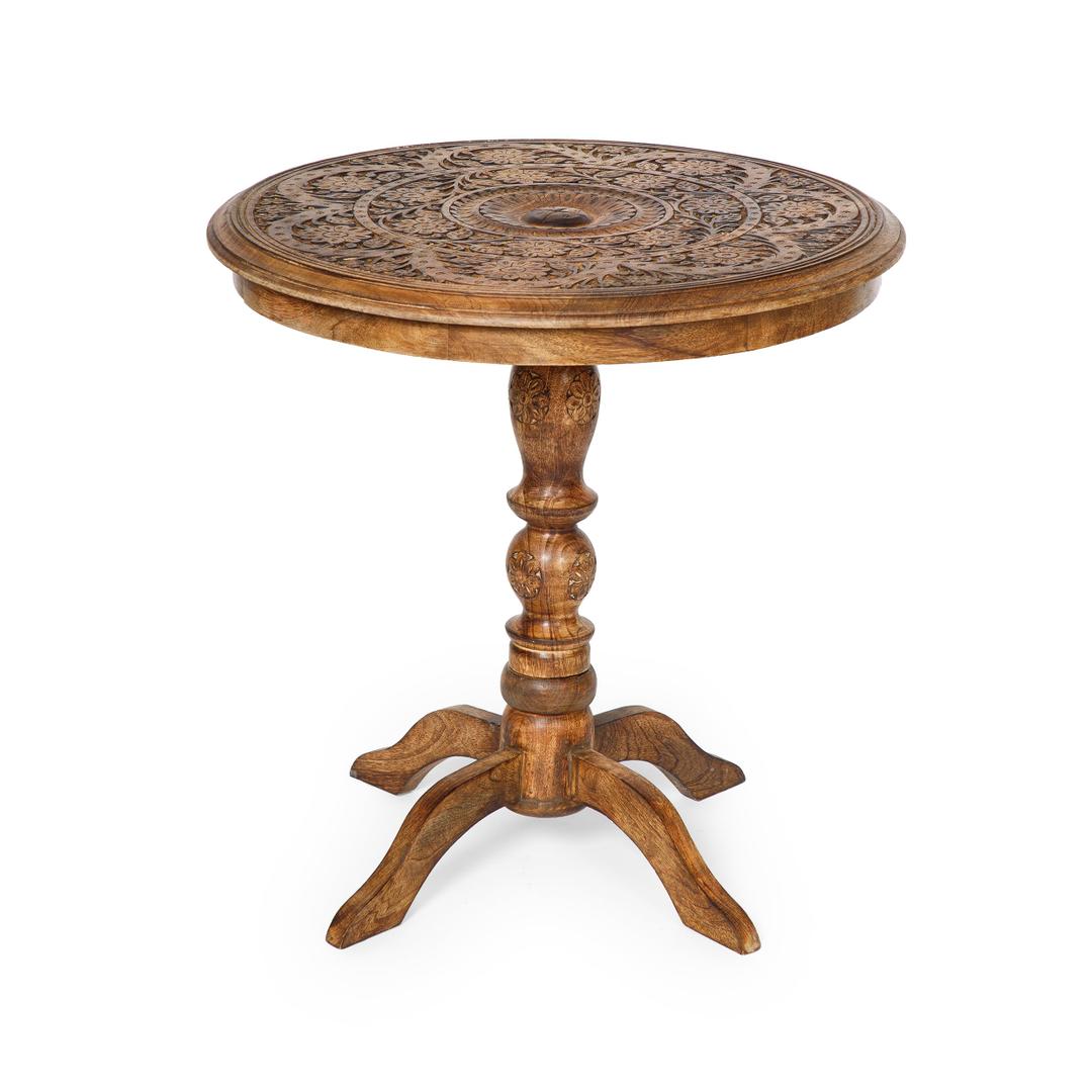 Lightnpro Hand-Carved Wooden Round Table for Thanksgiving Chritsmas Decor, Pillar Design for Living Room, Bedroom & Hallway End, Altar & Farmhouse Coffee Table - 24 Inch - Burnt Finish