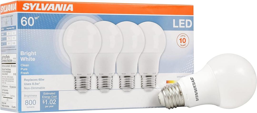SYLVANIA LED Light Bulb, 60W Equivalent A19, Efficient 8.5W, Medium Base, Frosted Finish, 800 Lumens, Bright White - 4 Pack (79704)