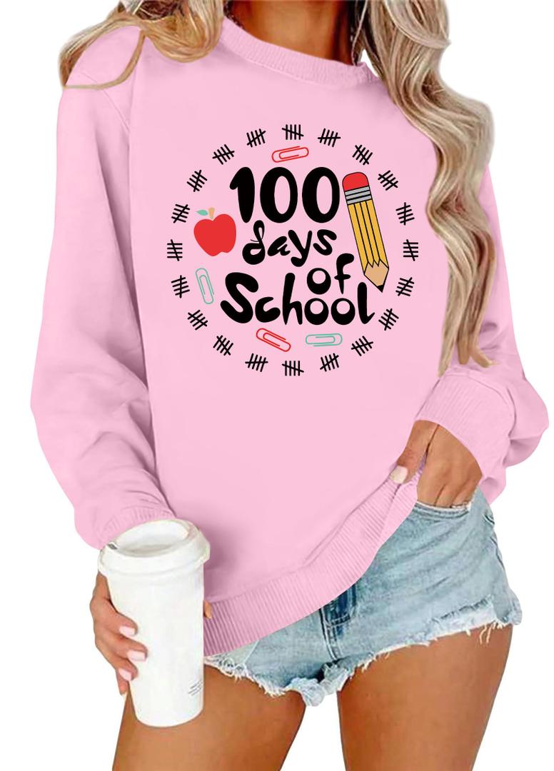 100 Days of School Shirt Women Teacher Sweatshirt Cute 100th Day of School Celebration Gifts Pullover Tops Pink (Pink)