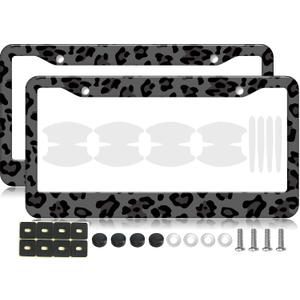Black Leopard Pattern Metal License Plate Frames with Car Door Handle Films - 2PCS Cheetah Print Universal Plate Holders for Men & Women