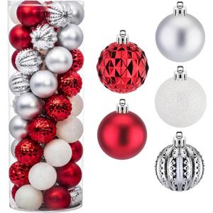 Amooca 45pc 2.36'' Christmas Ball Ornaments Xmas Tree Hanging Decoration for Festival Party Home Holiday Wedding Decors Shatterproof Plastic Balls Red & Silver & White