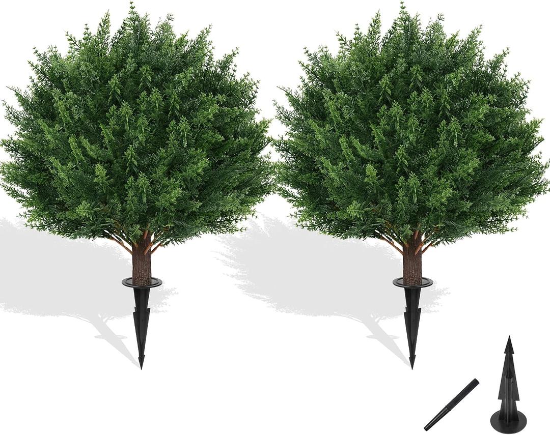 Grooy Artificial Cypress Topiary Tree with Ground Spike, Set of 2 Artificial Shrub Bushes, Fake Evergreen Tree for Porch, Artificial Plants for Outdoor Planters Indoor UV Resistant