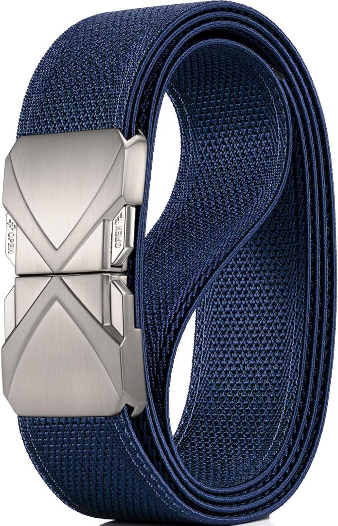 GEIT Stretch Nylon Belt with Quick Release Metal Buckle, 1 3/8" Casual Golf Tactical Invisible Elastic Web Belt (Waist 39"-42" (Length49"), Silver/Blue)