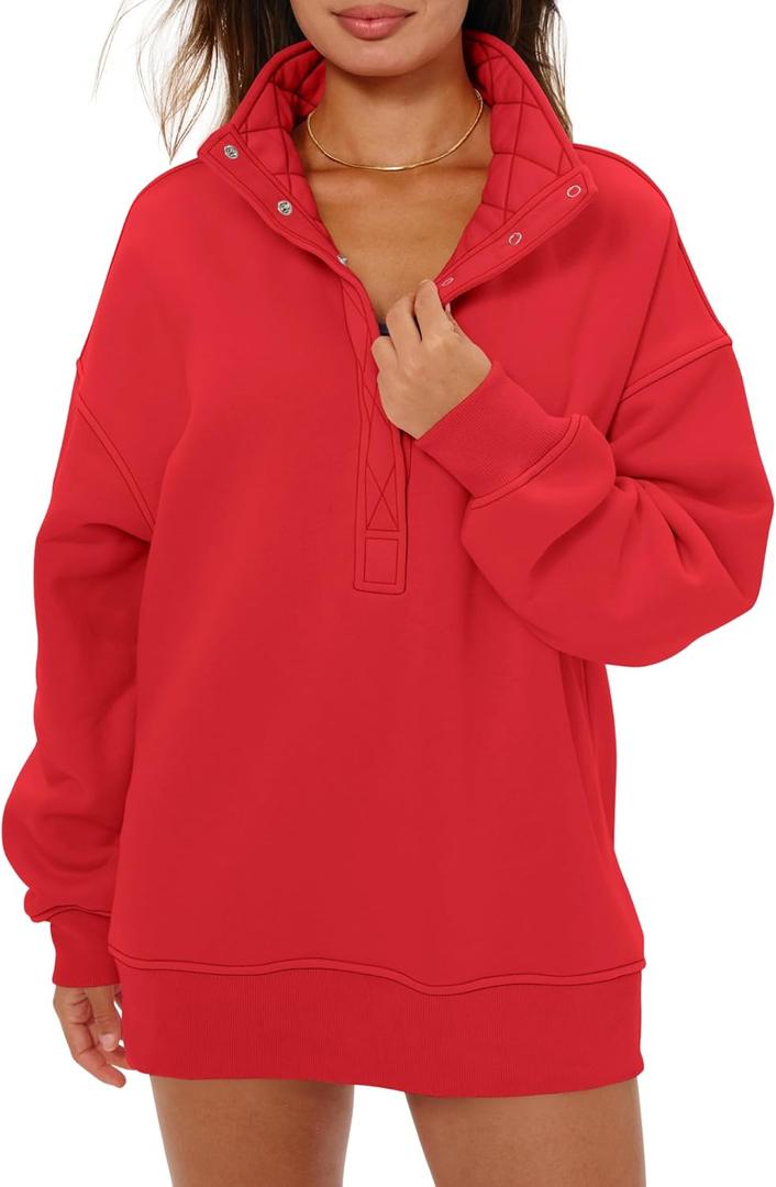 Locachy Women's Henley Neck Button Oversized Sweatshirt Casual Long Sleeve Pullover Tops 2026 Fashion Outfits Clothes, Size S (Red)