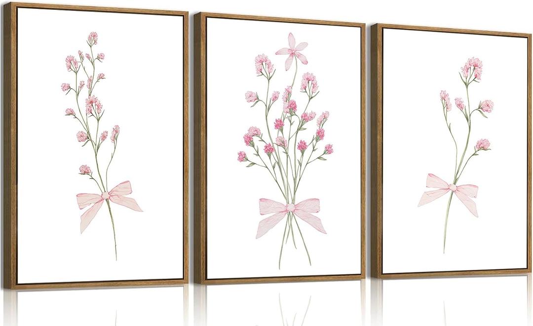 SongZest 3 Piece Pink Floral Framed Wall Art Boho Flower Nursery Canvas Art Prints Wildflower Bow Pictures Wall Decor Cute Paintings Artwork for Girl Bedroom Bathroom 16x24in, 16x24 Natural