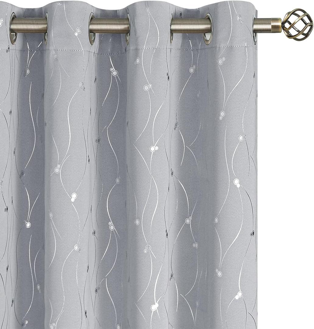 BGment Room Darkening Curtains 90 Inches Long, Grommet Thermal Insulated Blackout Curtains with Wave Line and Dots Printed for Bedroom, 2 Panels, Each 52 x 90 Inch, Light Grey