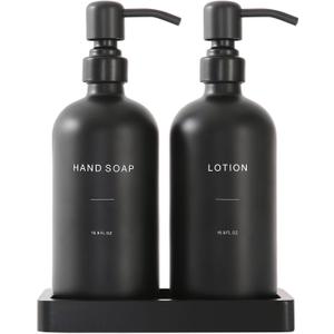 Prus Waso Black Soap Dispenser Bathroom Set, Soap and Lotion Dispenser Set with Stainless Steel Pump, Perfect for Bathroom Decor. (Black)