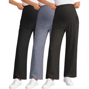 3 Pack Women's Maternity Pants Loose Wide Leg Pregnancy Sweatpants Over The Belly Lounge Pants Pajama with Pockets (X-Large, Black, Cold Gray, Black Gray)