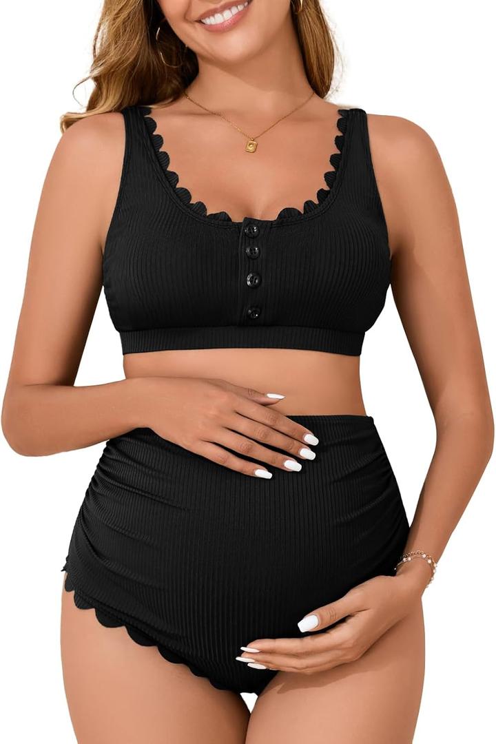 Summer Mae Maternity Ribbed High Waist Swimsuit Crop Top Bikini Bathing Suit High Cut Two Piece Pregnancy Swimwear Scalloped Black X-Large