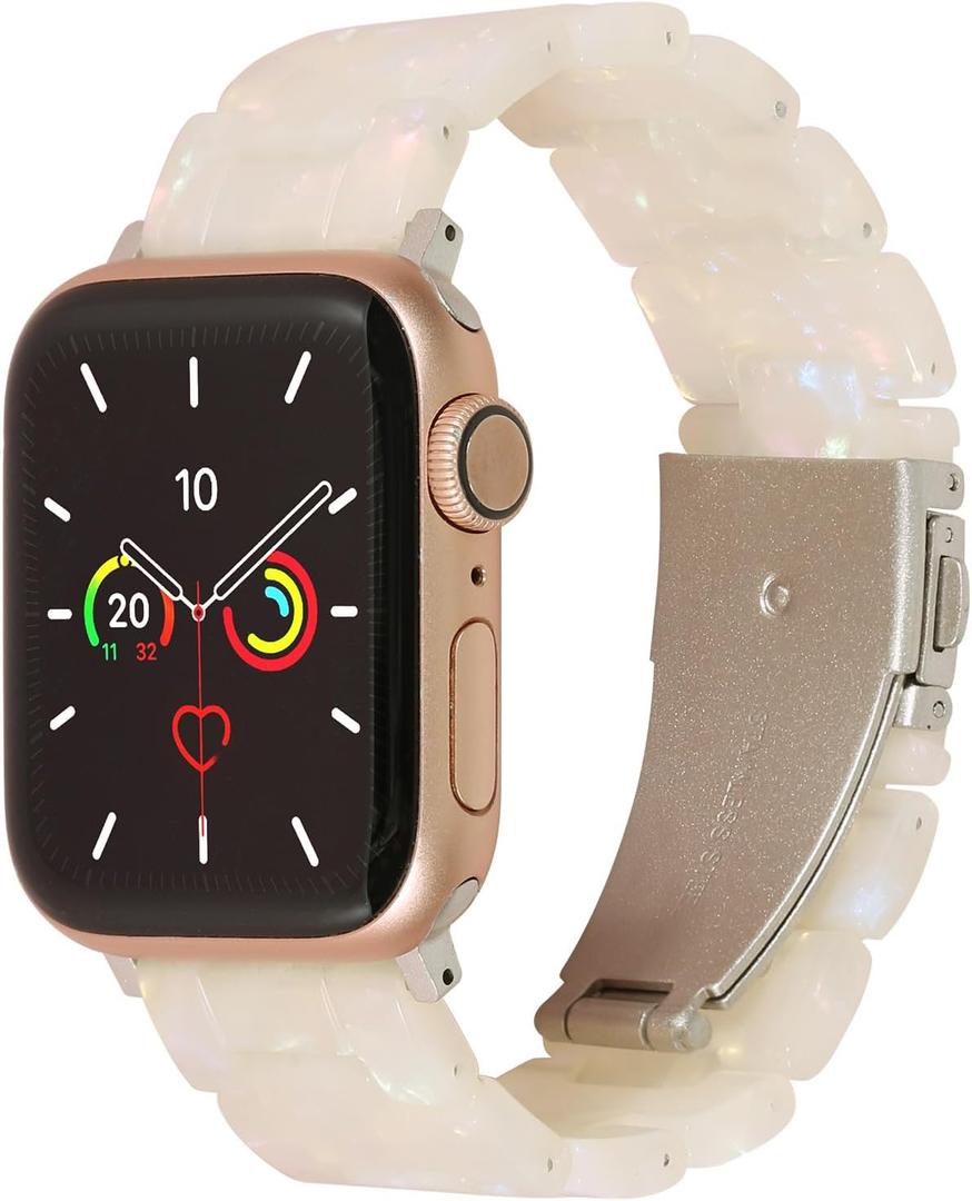 MAIRUI Resin Watch Band Compatible with Apple Watch for Women Men 41mm/40mm/38mm Series 9/8/7/6 SE Slim Bands Strap Bracelet Wristband for iWatch 5/4/3/2/1/Ultra/Ultra 2(Iridescent Creamy White)