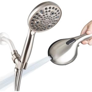High Pressure Handheld Shower Head, 10-Setting Showerhead, 4.7Detachable Showerhead Set with 5ft Hose, Adjustable Bracket and Built-in Power Wash to Clean Tub, Tile & Pets - Brush Nickel