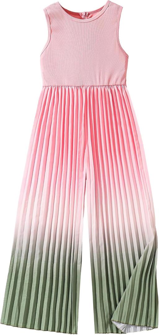 Hilinker Girl's Sleeveless Jumpsuit Pleated Zipper Wide Leg Romper Ombre One Piece Outfit (9-10 Years, Pink Green Gradient)