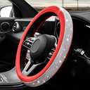 Diamond Leather Steering Wheel Cover, 15 Inch Bling Crystal Rhinestone Anti-Slip Wheel Protector, Universal Sparkling Elegant Diamond Steering Wheels Cover for Women Girl (White&Red)