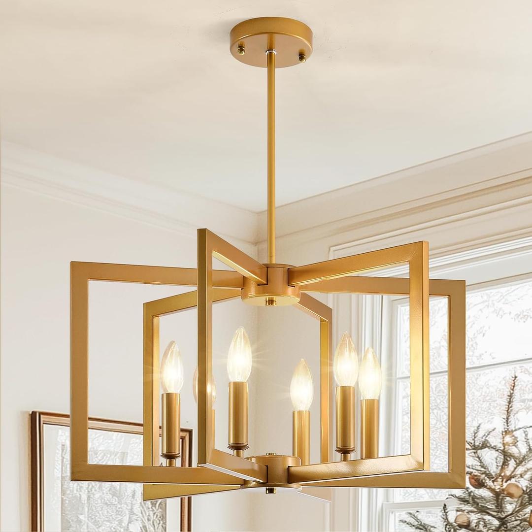 6-Light Gold Industrial Chandeliers for Dining Room, Geometric Modern Farmhouse Pendant Lights Fixture, Hanging Metal for Kitchen Island Entryway Foyer Living Room Bedroom