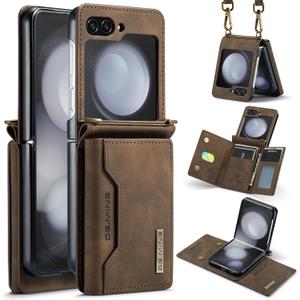 for Samsung Galaxy Z Flip 6 Case with Crossbody Wallet, 8 Cards Slot and Premium Leather Kickstand Vintage Card Holder (Coffee)