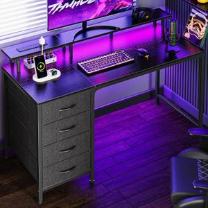 Huuger 47 Inch Computer Desk with Power Outlets and LED Lights, Gaming Desk with 4 Drawers, Office Desk with Monitor Stand, Study Work Home Office, Small Spaces, Black