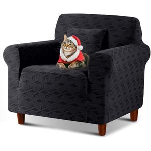 TAOCOCO Stretch Chair Slipcover, 1Piece Non Slip Armchair Cover Washable Chair Sofa Slipcover with 1PCS Throw Pillow Cover, Jacquard Furniture Protector for Pets Dog(1 Seater,Black)
