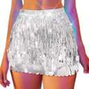 REETAN Fringe Sequin Skirt Belly Dance Sparkly Tassel Skirts for Women Silver