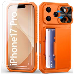 BXYJY for iPhone 17 Pro Wallet Case with Screen Protector (Tempered Glass), Card Holder (4-5 Cards), Slide Camera Cover, Military Grade Drop, Heavy Duty Women Men Case for iPhone 17 Pro, Orange