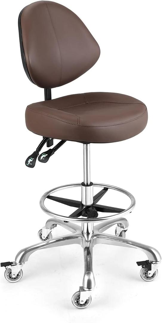 Rolling Drafting Chair with Back Support - Tall Office Chair for Standing Desk Adjustable Foot Ring Swivel Rolling Stools for Workshop Art Studio Salon Shop Counter Home Office (Brown)