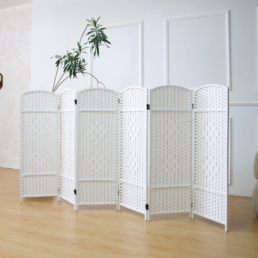 Furnnylane 6 Panel Rattan Divider Short Room Partition Screen,Double Sided Folding Divider for Room Separation,White,47.2" H x 94.5" W