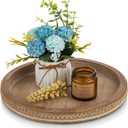 Hanobe Decorative Serving Tray Round: Brown Beaded Trays for Coffee Table Rustic Wooden Candle Holder Decor Farmhouse Vintage Centerpiece for Living Room Kitchen Counte (11.8")