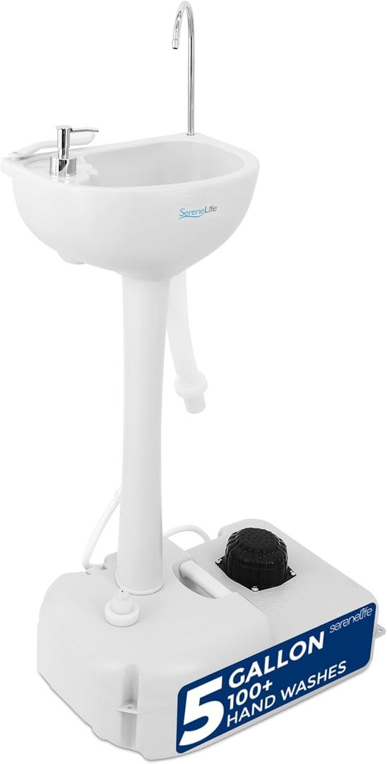 SereneLife Portable Camping Sink with 19L (5+ Gallon) Water Tank, Hands-Free Foot Pump, Soap Dispenser & Towel Holder, Compact Design with Carry Handle  Perfect for Camping, Worksites, Outdoors
