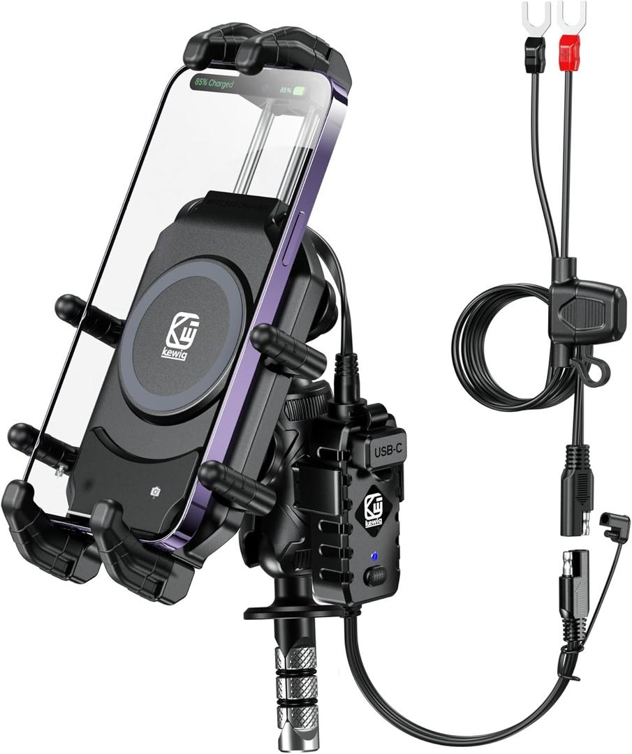 BRCOVAN Motorcycle Fork Stem Phone Mount with Qi 15W Wireless Charger & 36W PD/USB-C Fast Charging Port, Anti-Theft Motorcycle Phone Holder with Vibration Dampener for 5.4''-7.2'' Cellphones