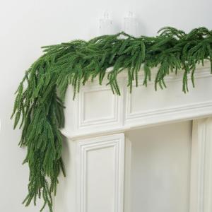2 PCS-9FT Artificial Norfolk Pine Garlands - Real Touch Winter Pine Garland, Green Artificial Greenery Garland for Table, Mantle, Wall, Indoor, Outdoor Christmas Decorations