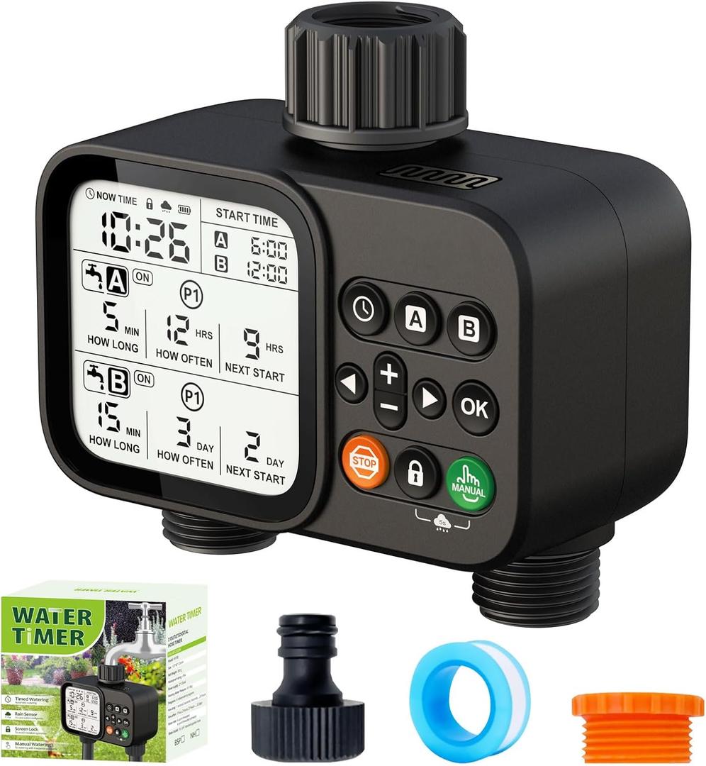 Sprinkler Timer for Garden Hose, 2 Zone Water Timer with with Auto Rain Delay, IP54 Waterproof 3.3 Large LCD Drip Irrigation System Timers for Plant, Yard, Lawns, Outdoor