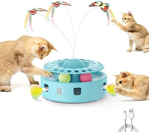 Potaroma Cat Toys 3-in-1 Automatic Interactive Kitten Toy, Fluttering Butterfly, Random Moving Ambush Feather, Track Balls, Dual Power Supplies, USB Powered, Indoor Exercise Cat Kicker (Blue)