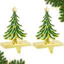 Christmas Stocking Holders for Mantle Set of 2 Green Xmas Tree Stocking Hangers Sturdy Hooks with Gold Non-Slip Base for Fireplace Christmas Gifts Holiday Party Decoration